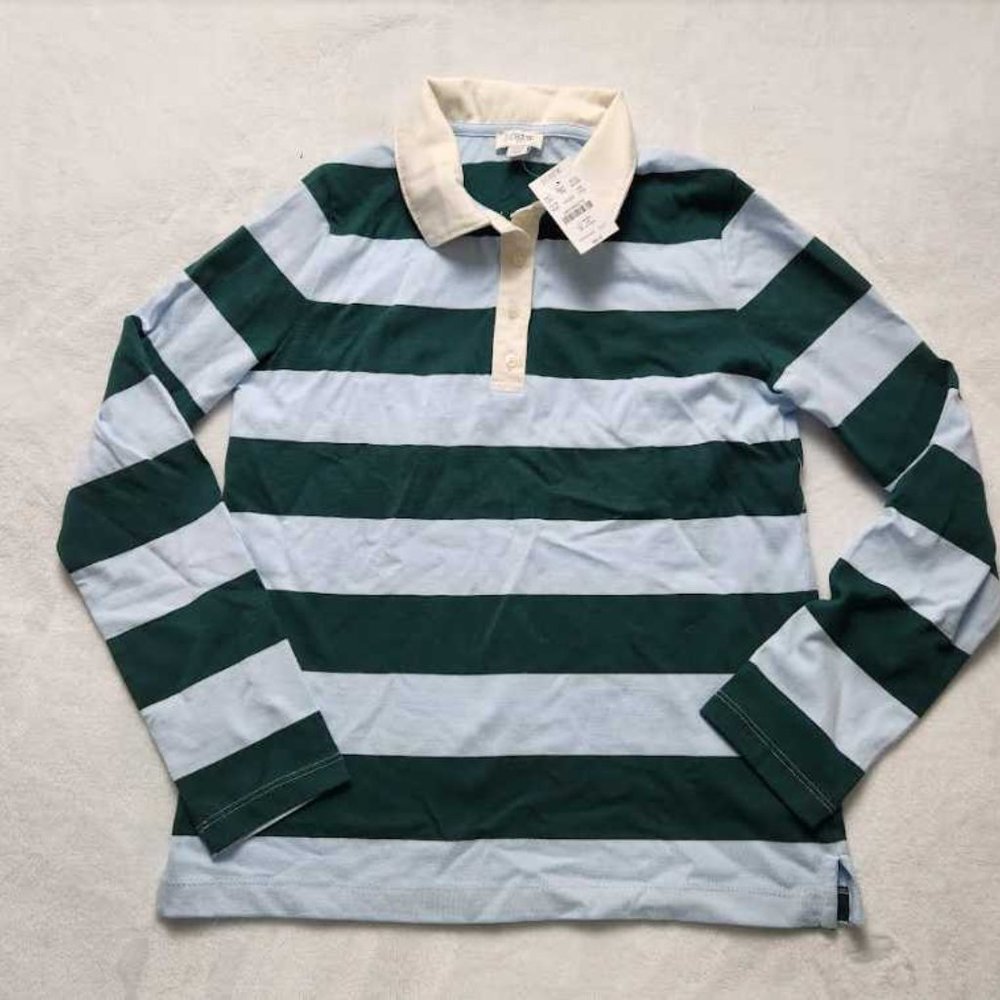 New women's  J Crew Factory long sleeve rugby stripe polo shirt blue green - Picture 4 of 10